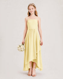 Daffodil Junior Bridesmaid Dress Ruched Bodice High-Low Asymmetrical Chiffon A-Line Gown Front Full View