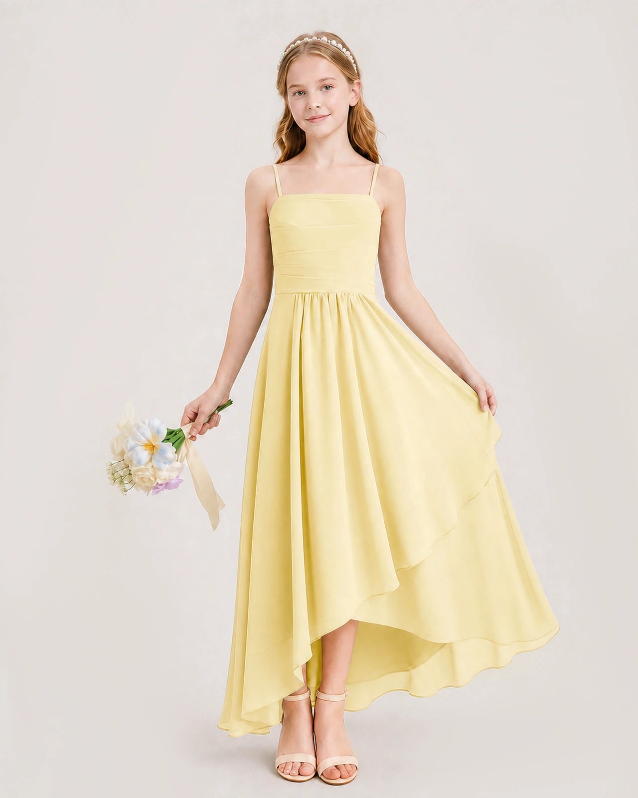 Daffodil Junior Bridesmaid Dress Ruched Bodice High-Low Asymmetrical Chiffon A-Line Gown Front Full View