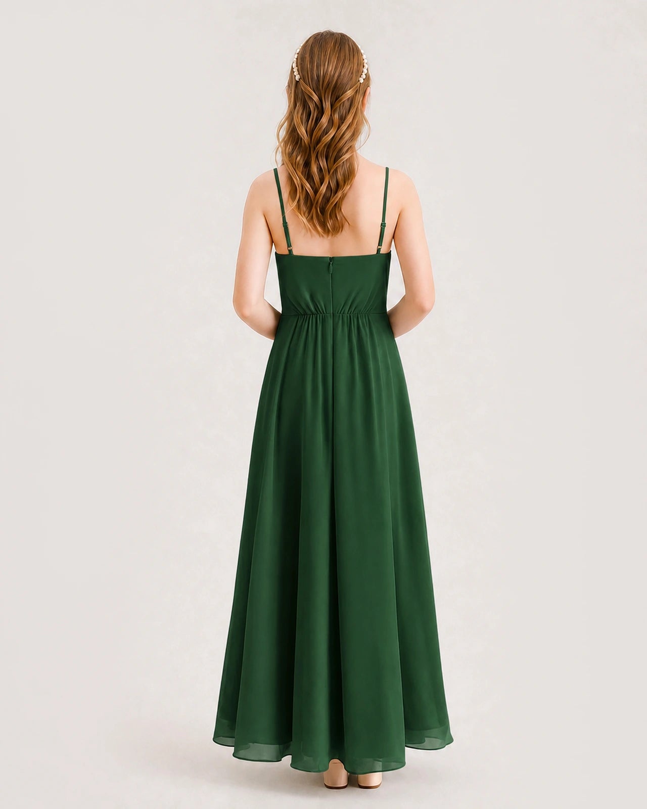 Dark Green Junior Bridesmaid Dress Ruched Bodice High-Low Asymmetrical Chiffon A-Line Gown Back Full View
