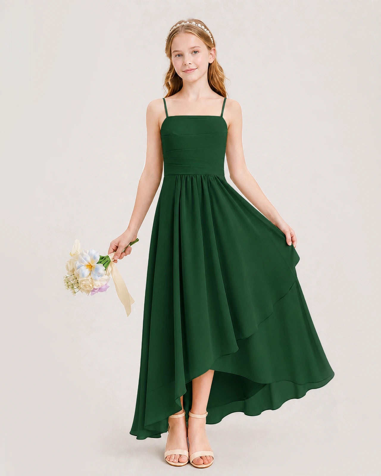 Dark Green Junior Bridesmaid Dress Ruched Bodice High-Low Asymmetrical Chiffon A-Line Gown Front Full View