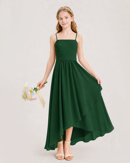 Dark Green Junior Bridesmaid Dress Ruched Bodice High-Low Asymmetrical Chiffon A-Line Gown Front Full View