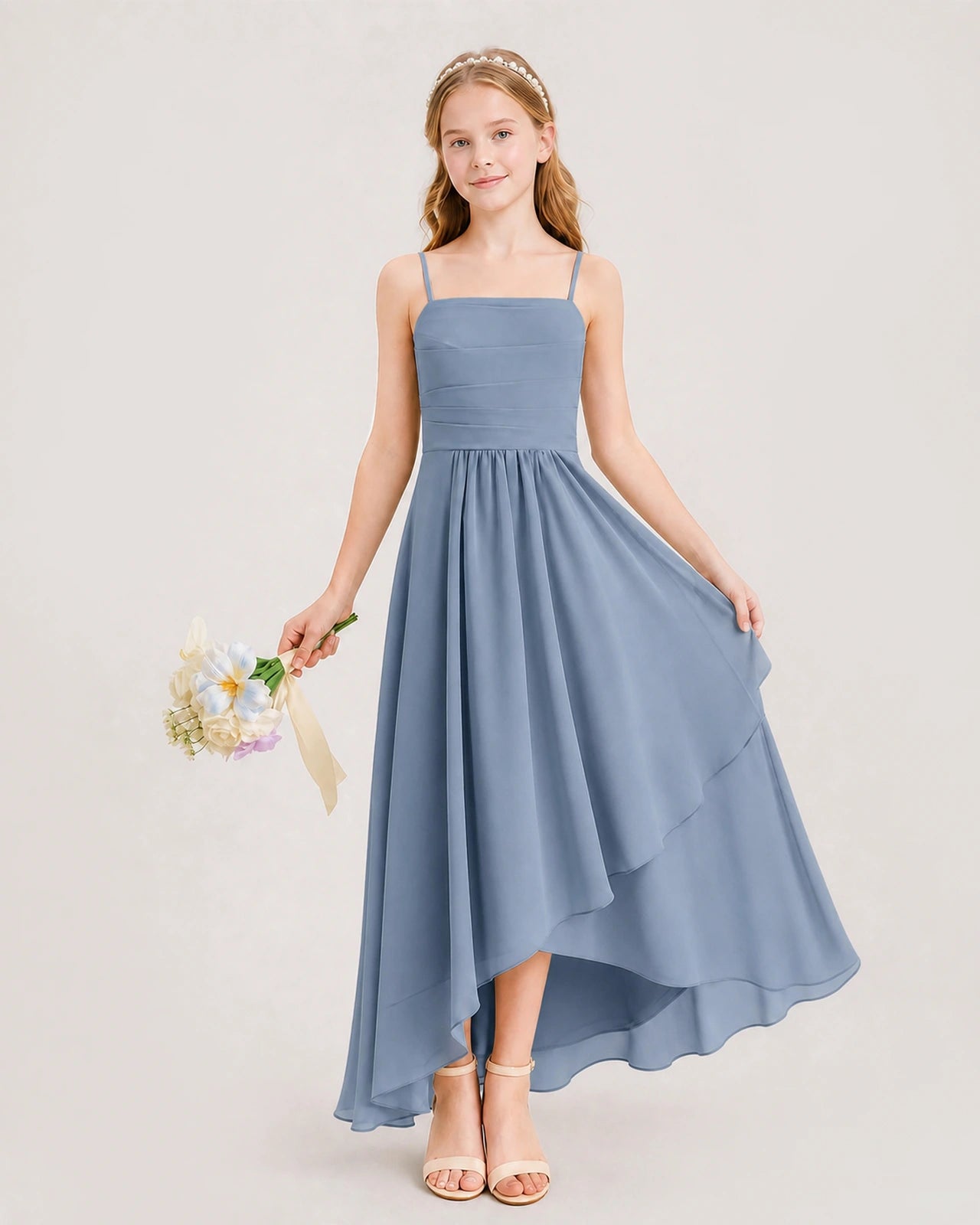 Dusty Blue Junior Bridesmaid Dress Ruched Bodice High-Low Asymmetrical Chiffon A-Line Gown Front Full View