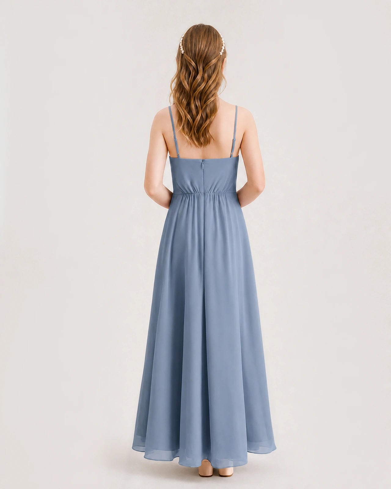 Dusty Blue Junior Bridesmaid Dress Ruched Bodice High-Low Asymmetrical Chiffon A-Line Gown Back Full View