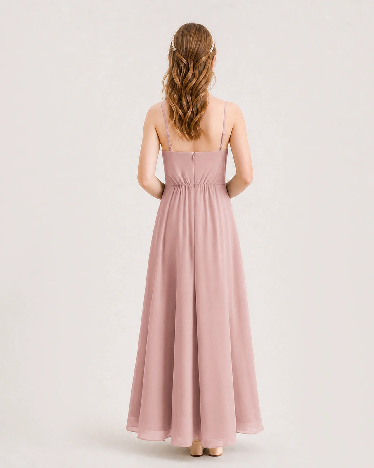 Dusty Rose Junior Bridesmaid Dress Ruched Bodice High-Low Asymmetrical Chiffon A-Line Gown Back Full View