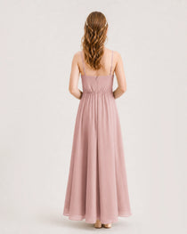 Dusty Rose Junior Bridesmaid Dress Ruched Bodice High-Low Asymmetrical Chiffon A-Line Gown Back Full View