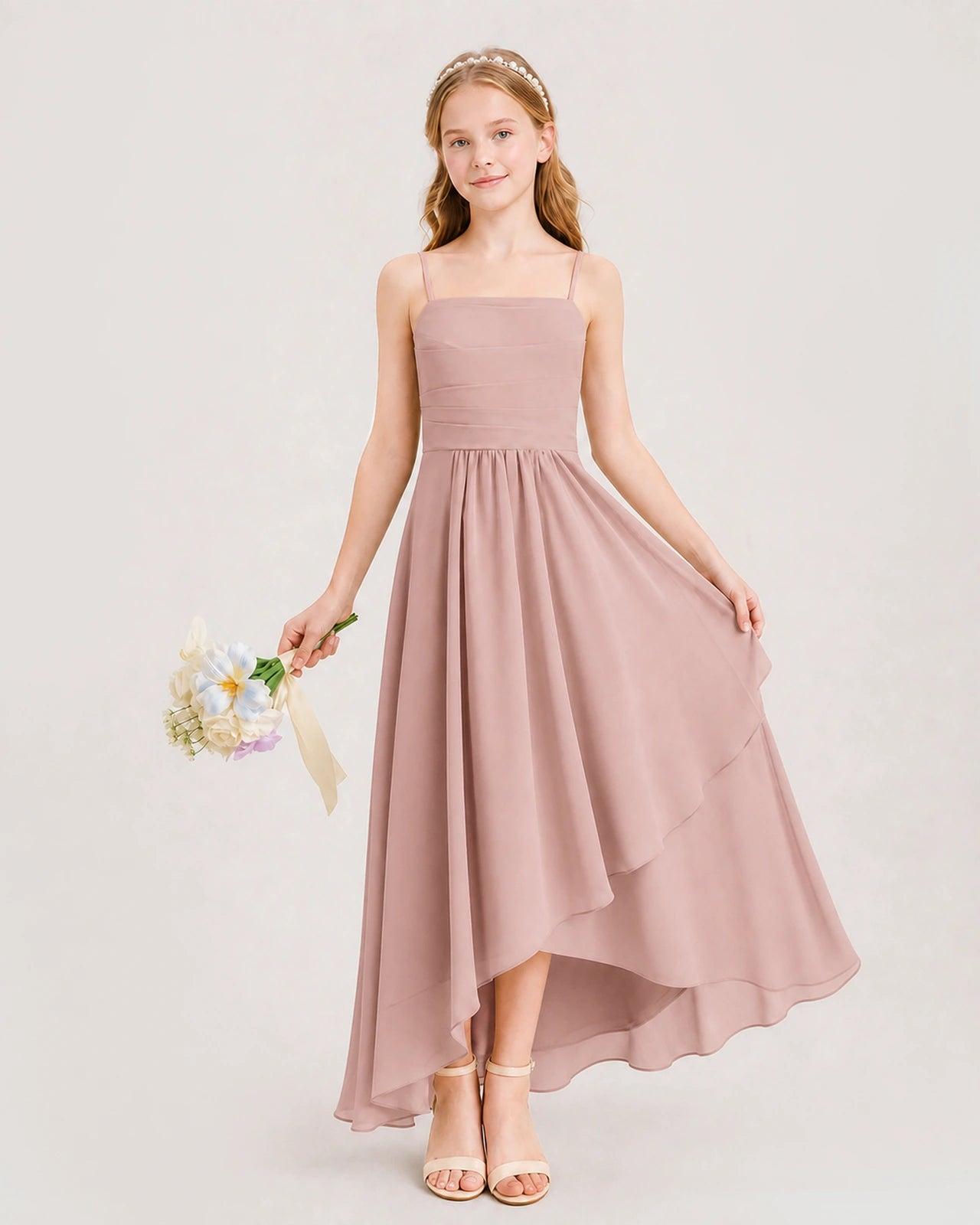 Dusty Rose Junior Bridesmaid Dress Ruched Bodice High-Low Asymmetrical Chiffon A-Line Gown Front Full View