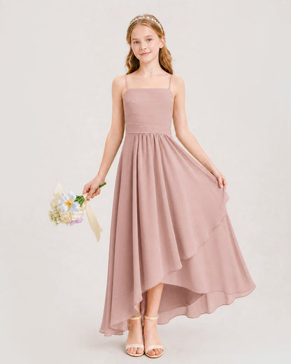 Dusty Rose Junior Bridesmaid Dress Ruched Bodice High-Low Asymmetrical Chiffon A-Line Gown Front Full View