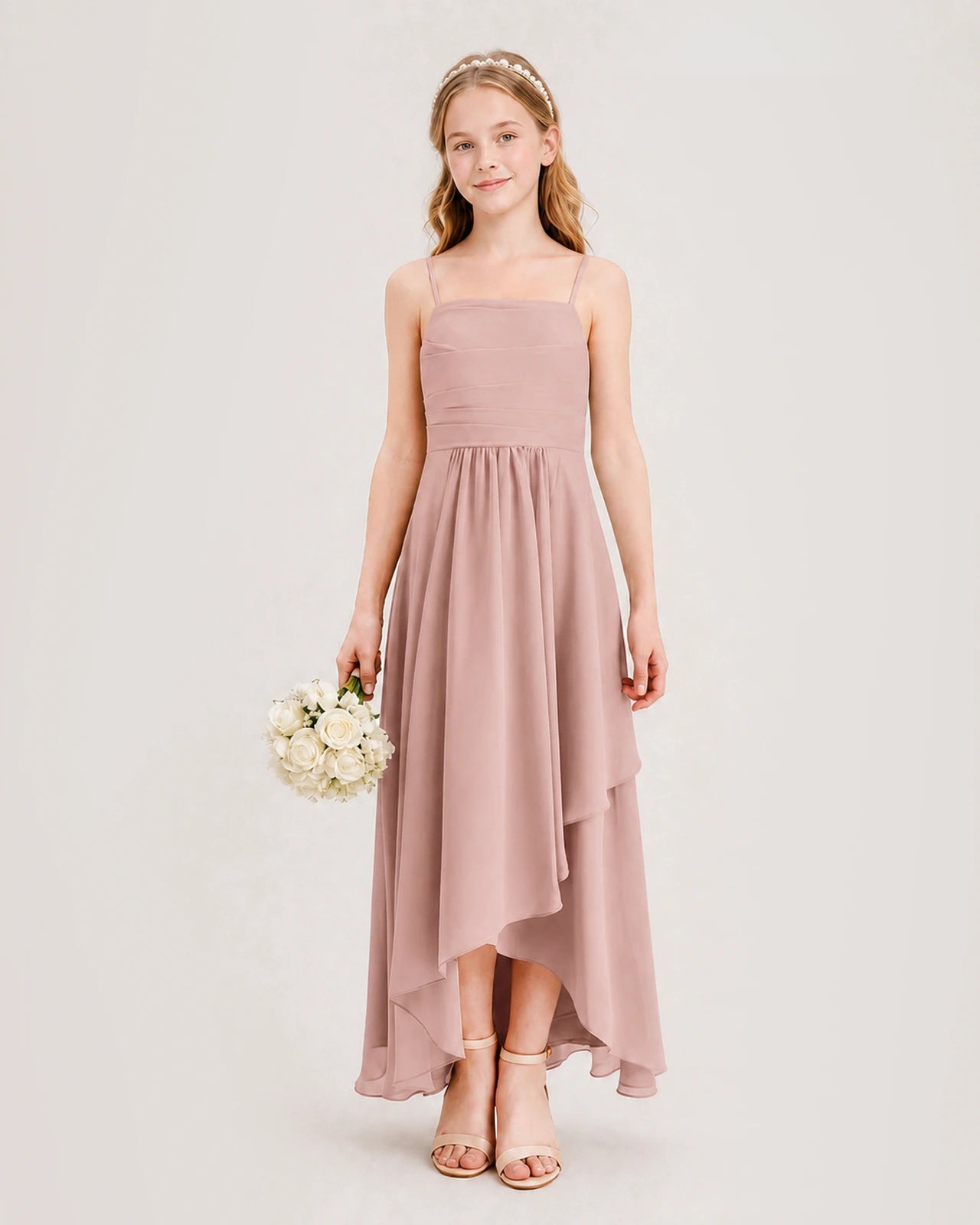 Dusty Rose Junior Bridesmaid Dress Ruched Bodice High-Low Asymmetrical Chiffon A-Line Gown Front Full View