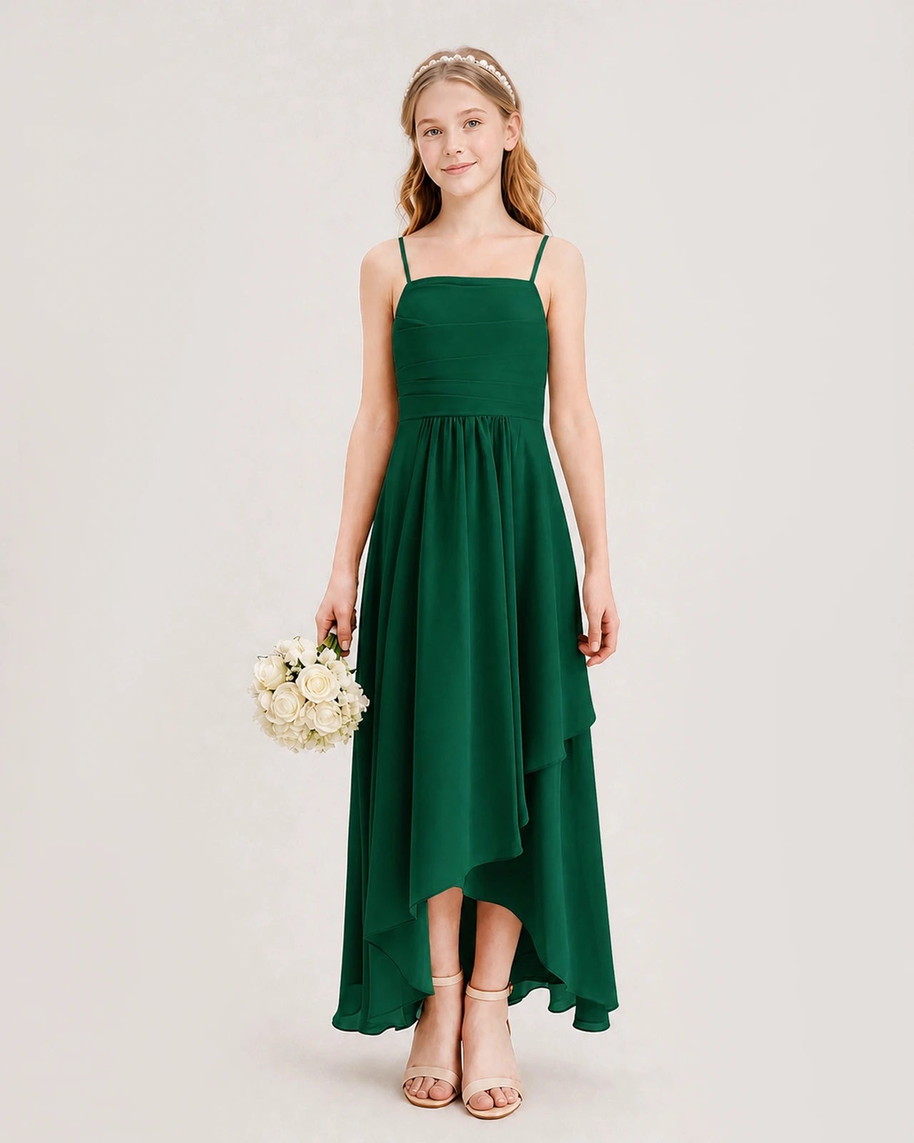 Emerald Green Junior Bridesmaid Dress Ruched Bodice High-Low Asymmetrical Chiffon A-Line Gown Front Full View