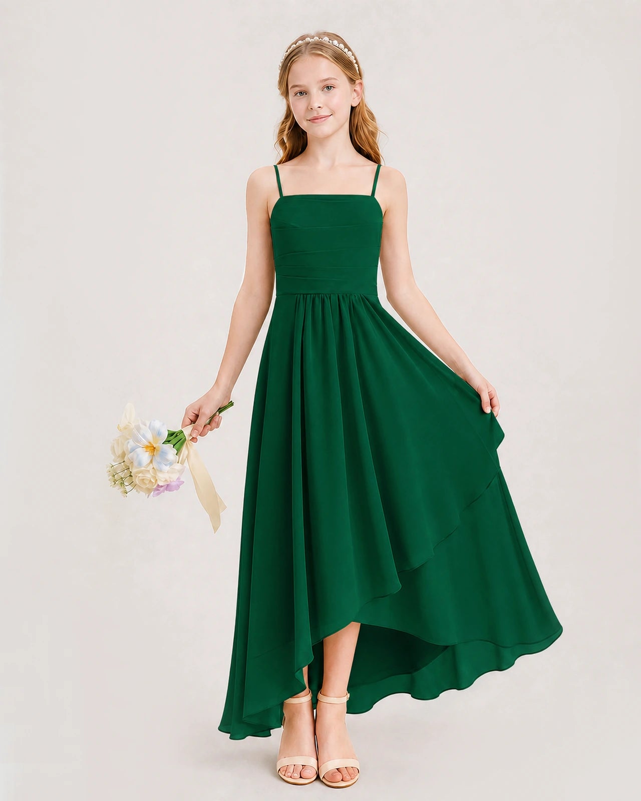 Emerald Green Junior Bridesmaid Dress Ruched Bodice High-Low Asymmetrical Chiffon A-Line Gown Front Full View