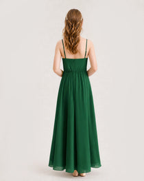 Emerald Green Junior Bridesmaid Dress Ruched Bodice High-Low Asymmetrical Chiffon A-Line Gown Back Full View