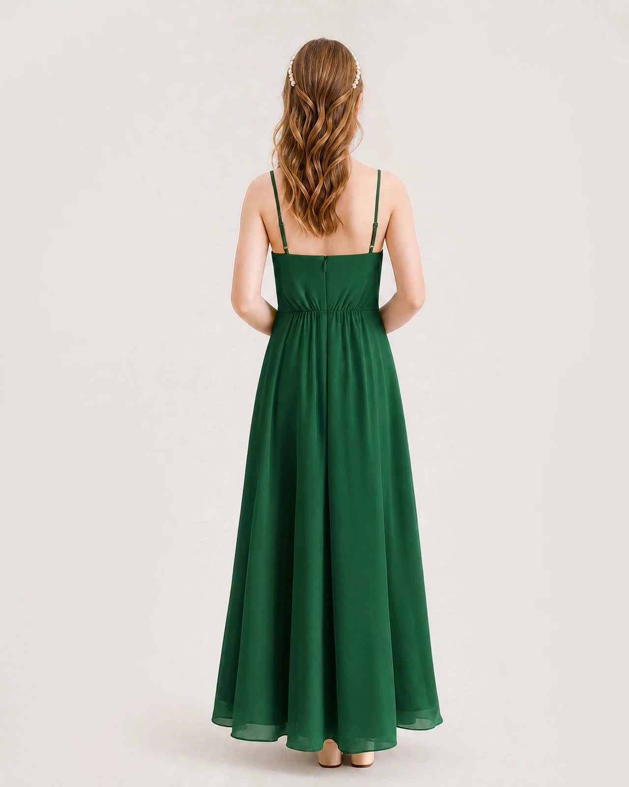 Emerald Green Junior Bridesmaid Dress Ruched Bodice High-Low Asymmetrical Chiffon A-Line Gown Back Full View