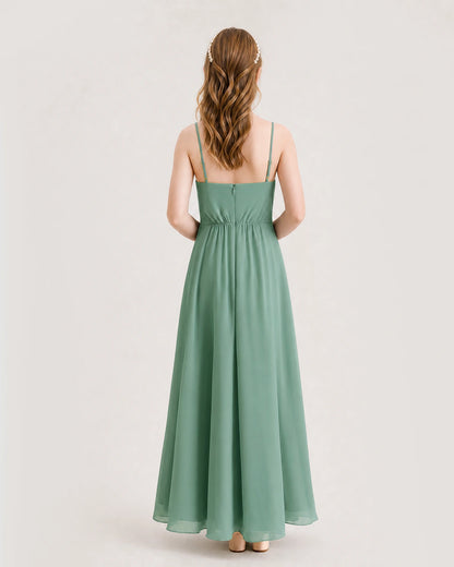 Eucalyptus Junior Bridesmaid Dress Ruched Bodice High-Low Asymmetrical Chiffon A-Line Gown Back Full View