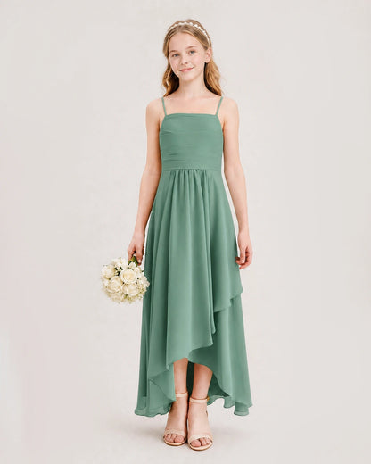 Eucalyptus Junior Bridesmaid Dress Ruched Bodice High-Low Asymmetrical Chiffon A-Line Gown Front Full View