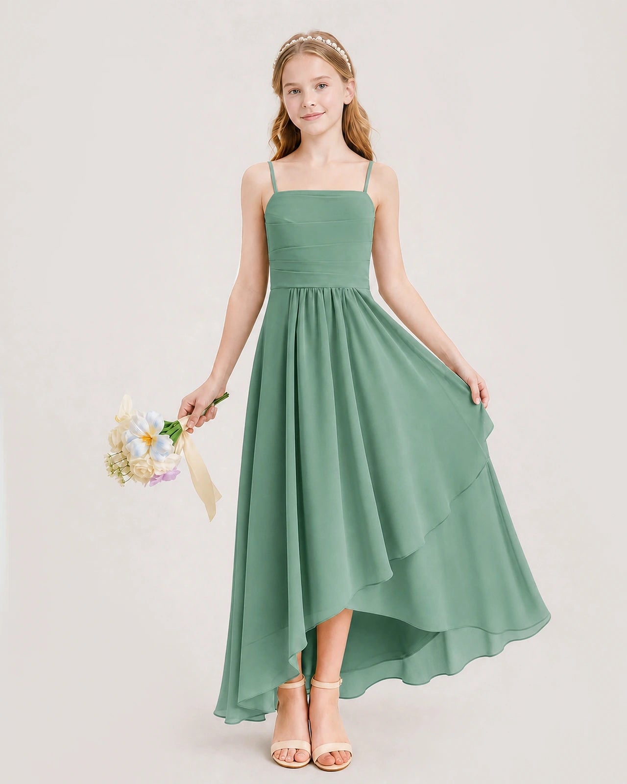 Eucalyptus Junior Bridesmaid Dress Ruched Bodice High-Low Asymmetrical Chiffon A-Line Gown Front Full View