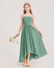 Eucalyptus Junior Bridesmaid Dress Ruched Bodice High-Low Asymmetrical Chiffon A-Line Gown Front Full View