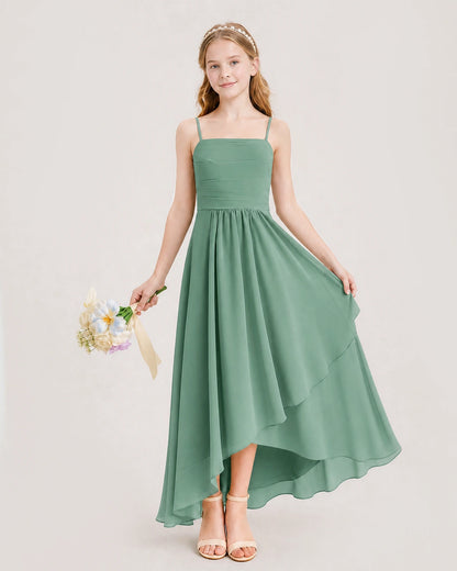 Eucalyptus Junior Bridesmaid Dress Ruched Bodice High-Low Asymmetrical Chiffon A-Line Gown Front Full View
