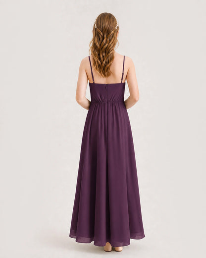Grape Junior Bridesmaid Dress Ruched Bodice High-Low Asymmetrical Chiffon A-Line Gown Back Full View