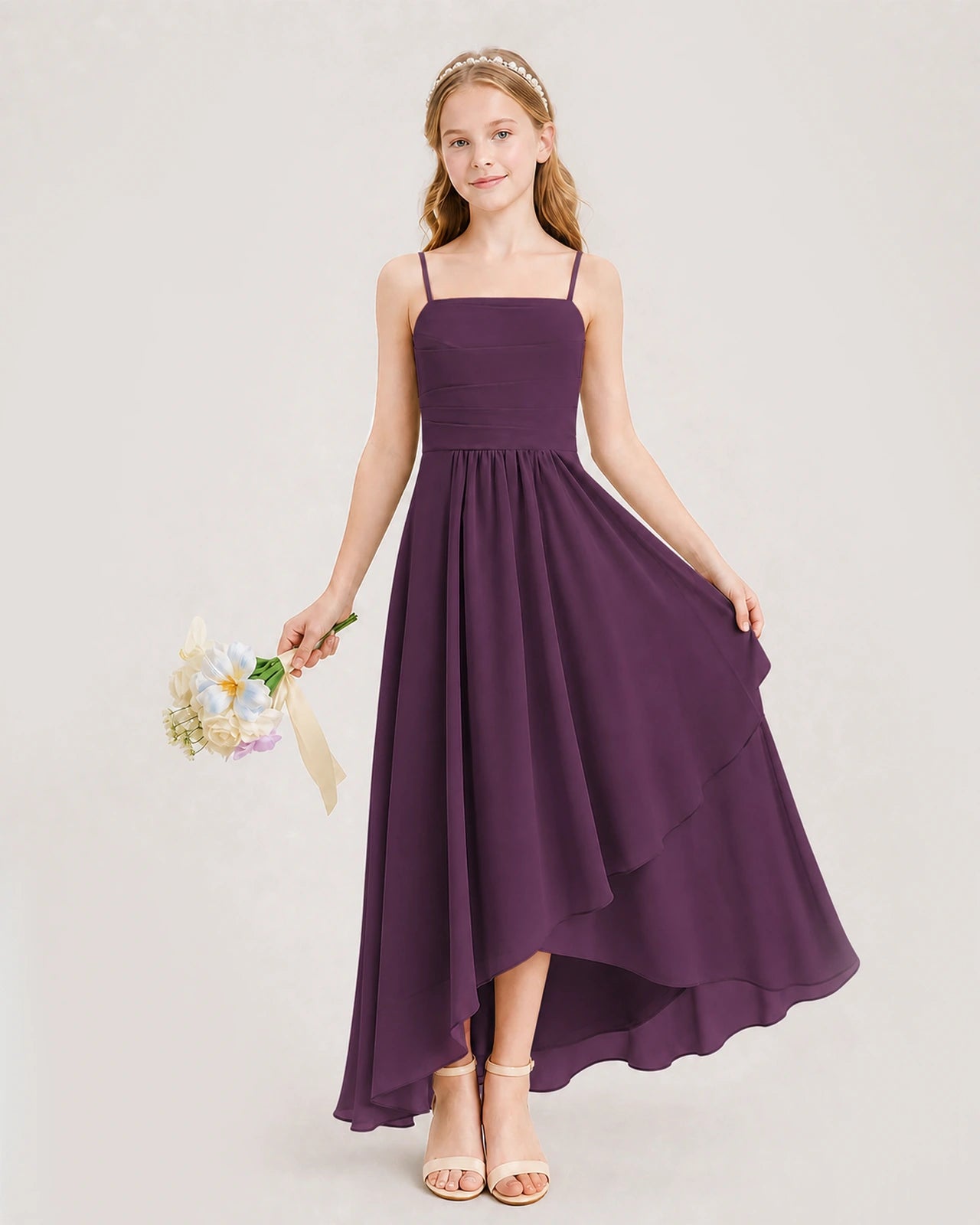 Grape Junior Bridesmaid Dress Ruched Bodice High-Low Asymmetrical Chiffon A-Line Gown Front Full View