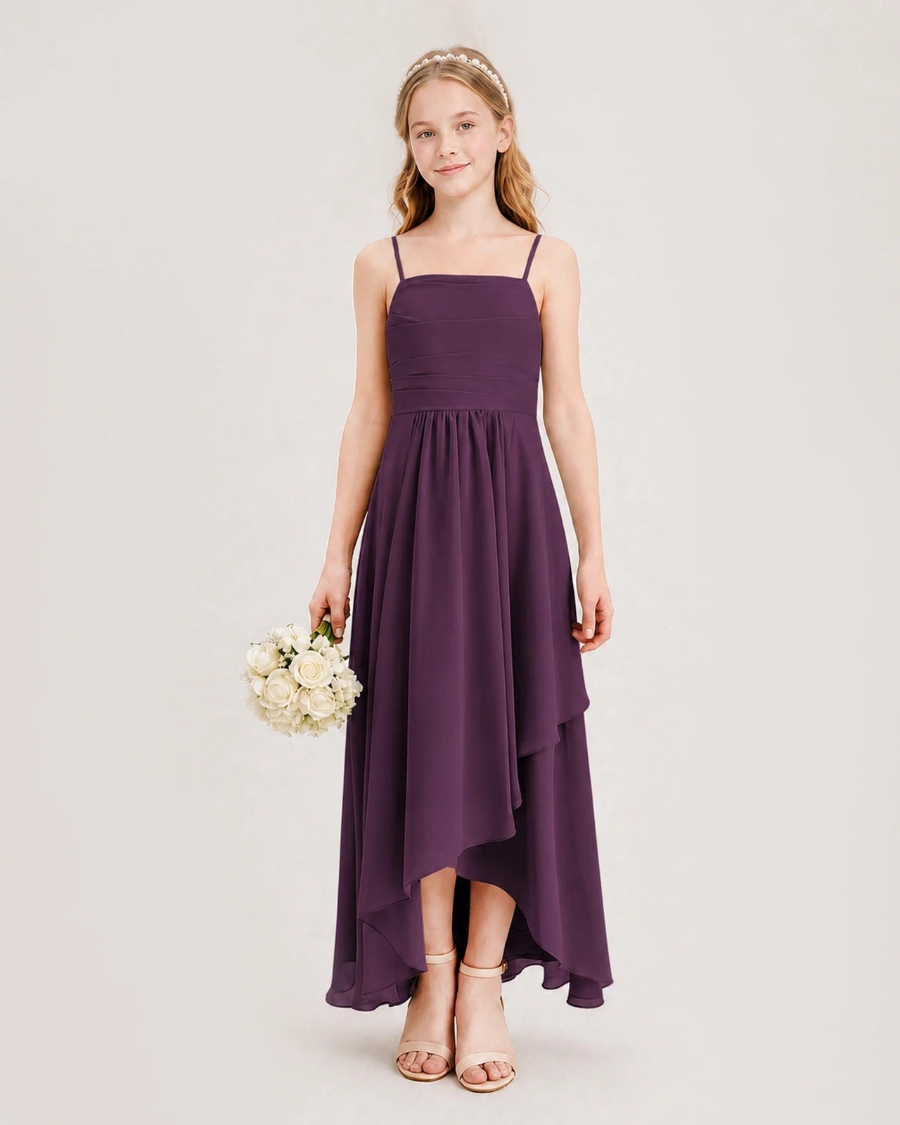 Grape Junior Bridesmaid Dress Ruched Bodice High-Low Asymmetrical Chiffon A-Line Gown Front Full View