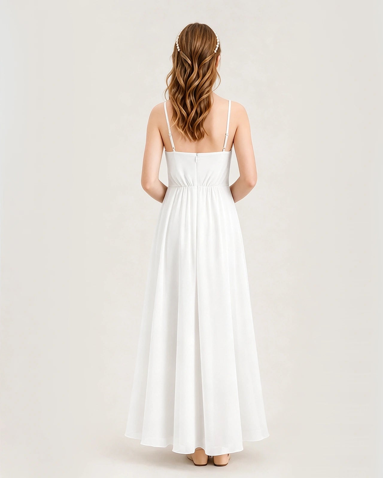 Ivory Junior Bridesmaid Dress Ruched Bodice High-Low Asymmetrical Chiffon A-Line Gown Back Full View