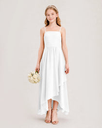 Ivory Junior Bridesmaid Dress Ruched Bodice High-Low Asymmetrical Chiffon A-Line Gown Front Full View