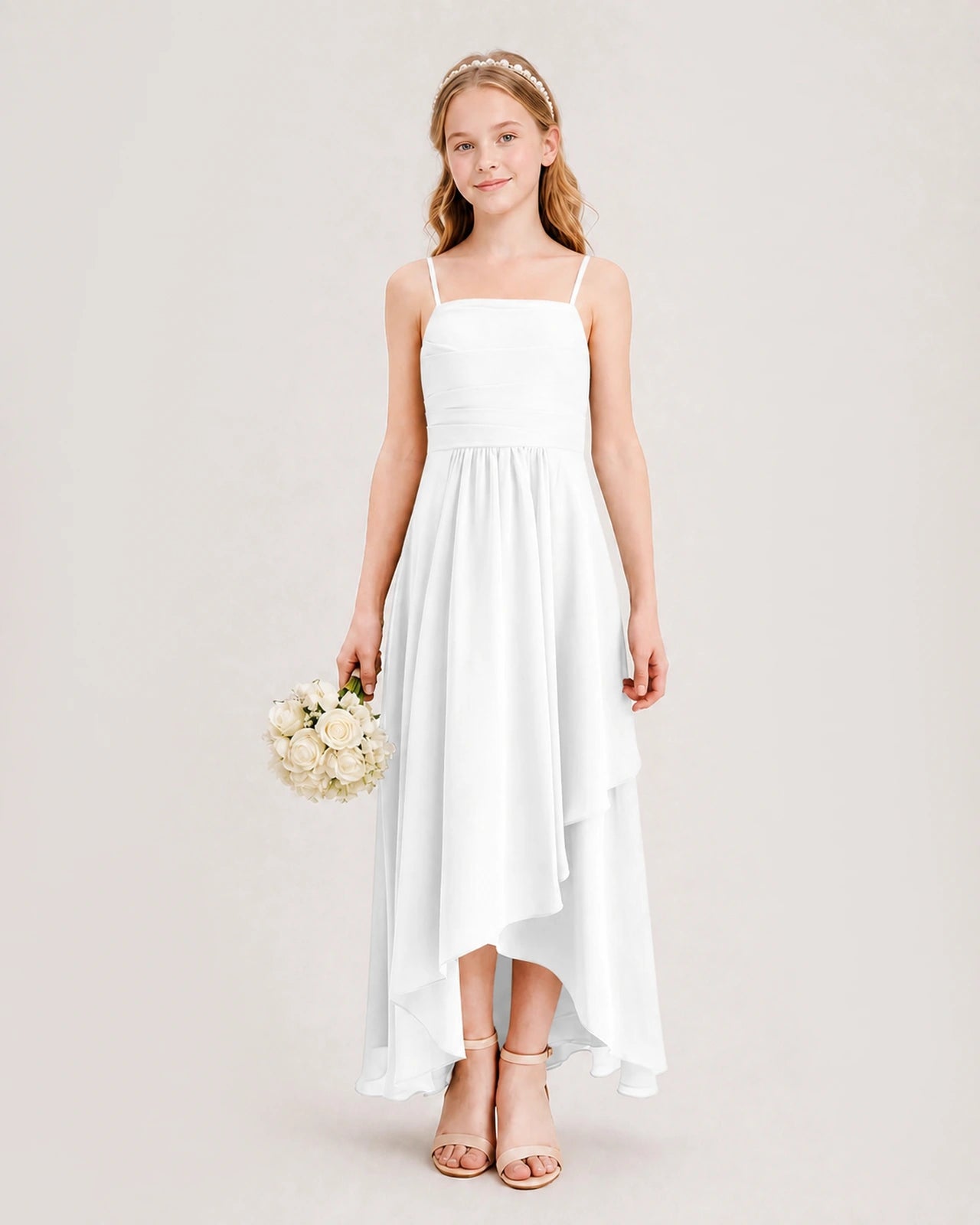 Ivory Junior Bridesmaid Dress Ruched Bodice High-Low Asymmetrical Chiffon A-Line Gown Front Full View
