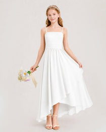 Ivory Junior Bridesmaid Dress Ruched Bodice High-Low Asymmetrical Chiffon A-Line Gown Front Full View
