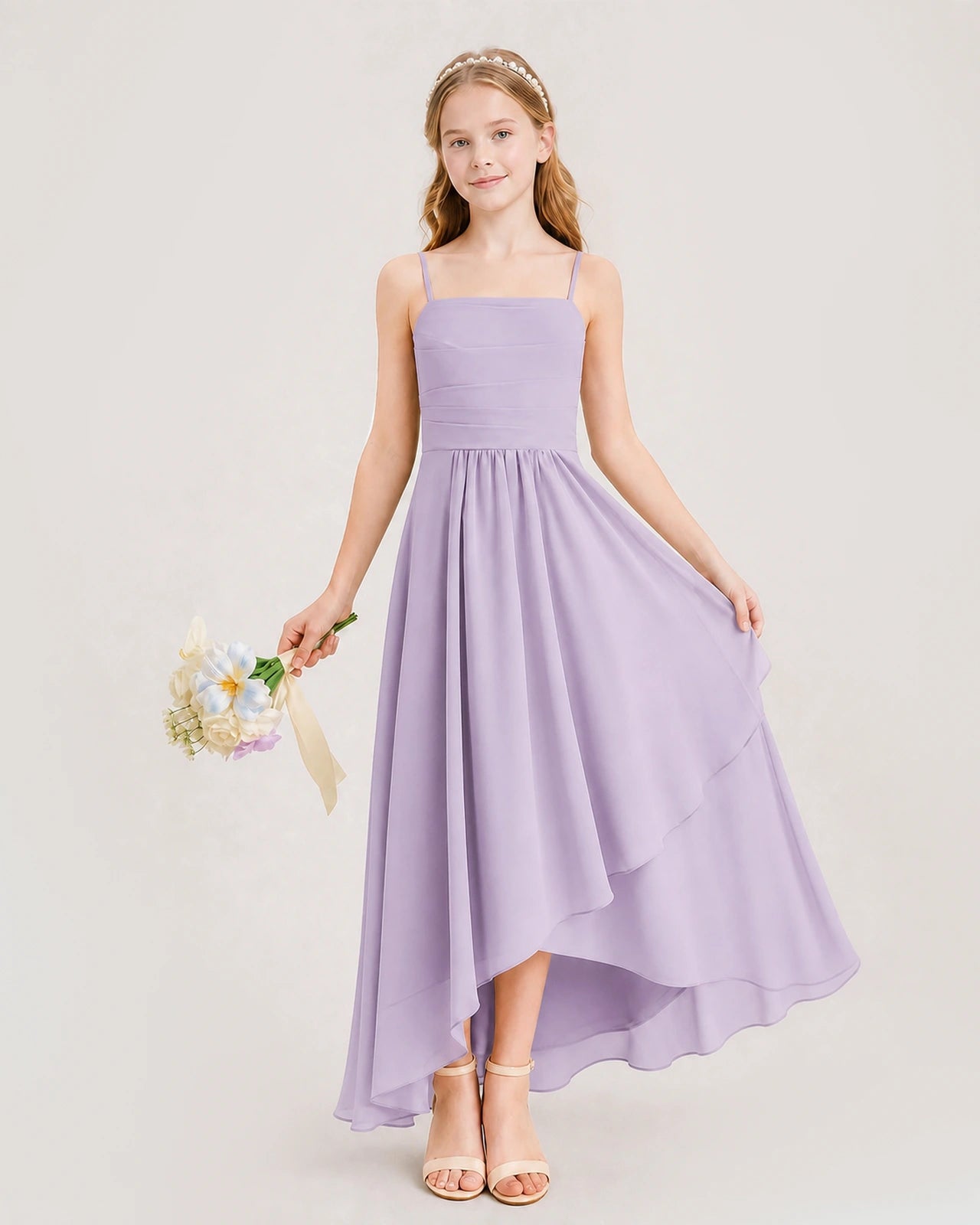 Lavender Junior Bridesmaid Dress Ruched Bodice High-Low Asymmetrical Chiffon A-Line Gown Front Full View