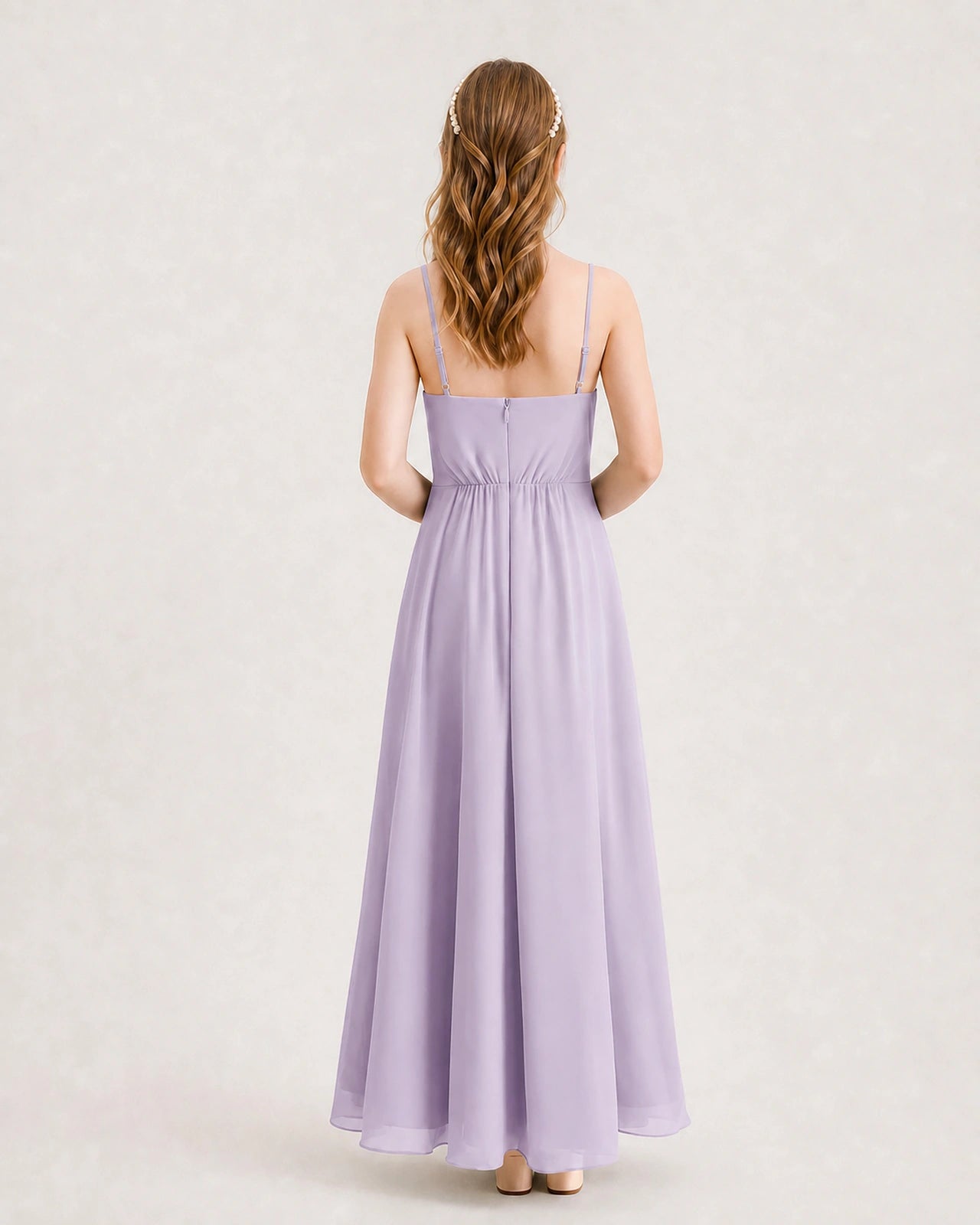Lavender Junior Bridesmaid Dress Ruched Bodice High-Low Asymmetrical Chiffon A-Line Gown Back Full View