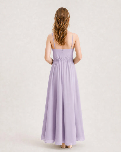 Lavender Junior Bridesmaid Dress Ruched Bodice High-Low Asymmetrical Chiffon A-Line Gown Back Full View