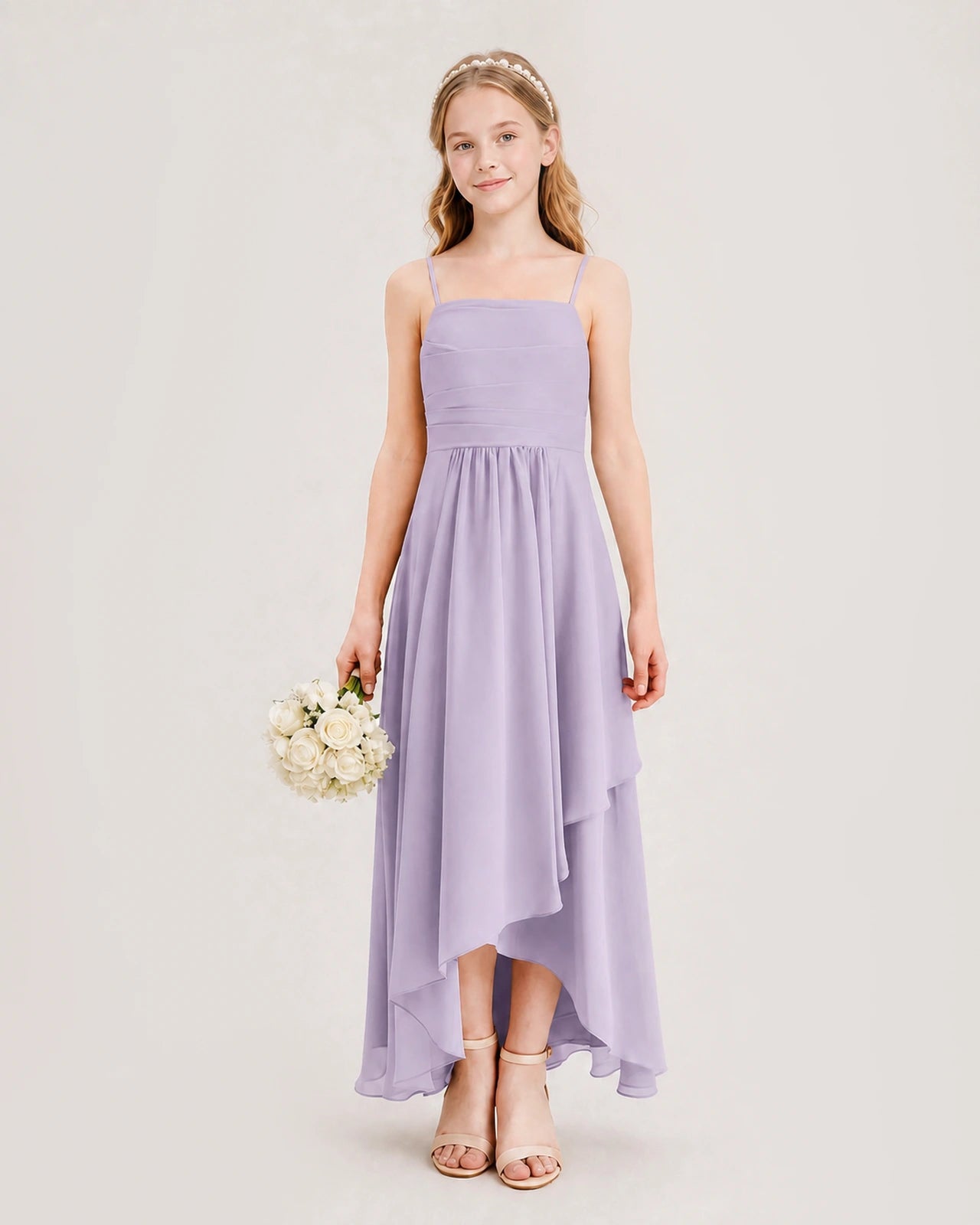 Lavender Junior Bridesmaid Dress Ruched Bodice High-Low Asymmetrical Chiffon A-Line Gown Front Full View