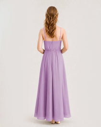 Lilac Junior Bridesmaid Dress Ruched Bodice High-Low Asymmetrical Chiffon A-Line Gown Back Full View
