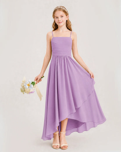 Lilac Junior Bridesmaid Dress Ruched Bodice High-Low Asymmetrical Chiffon A-Line Gown Front Full View