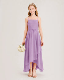 Lilac Junior Bridesmaid Dress Ruched Bodice High-Low Asymmetrical Chiffon A-Line Gown Front Full View