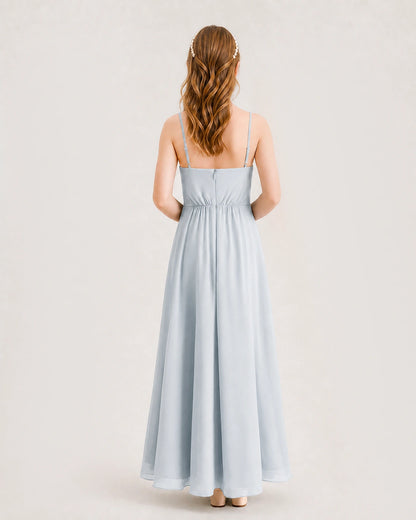 Mist Junior Bridesmaid Dress Ruched Bodice High-Low Asymmetrical Chiffon A-Line Gown Back Full View