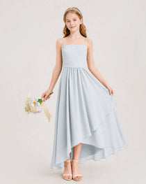 Mist Junior Bridesmaid Dress Ruched Bodice High-Low Asymmetrical Chiffon A-Line Gown Front Full View