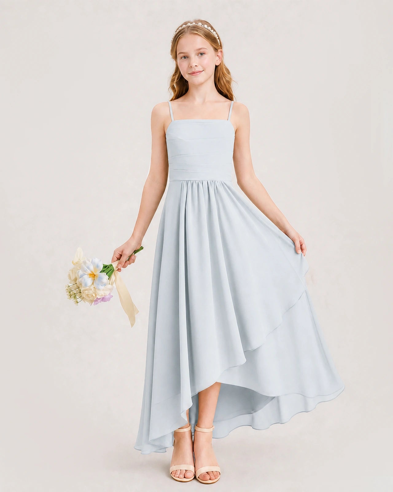 Mist Junior Bridesmaid Dress Ruched Bodice High-Low Asymmetrical Chiffon A-Line Gown Front Full View