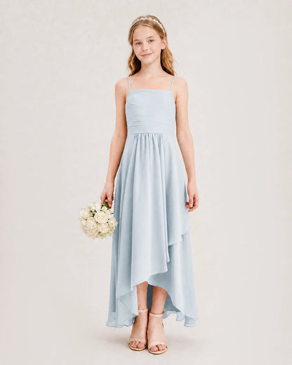 Mist Junior Bridesmaid Dress Ruched Bodice High-Low Asymmetrical Chiffon A-Line Gown Front Full View