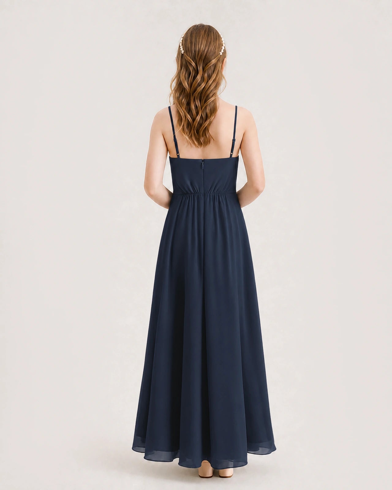 Navy Blue Junior Bridesmaid Dress Ruched Bodice High-Low Asymmetrical Chiffon A-Line Gown Back Full View