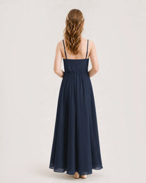 Navy Blue Junior Bridesmaid Dress Ruched Bodice High-Low Asymmetrical Chiffon A-Line Gown Back Full View
