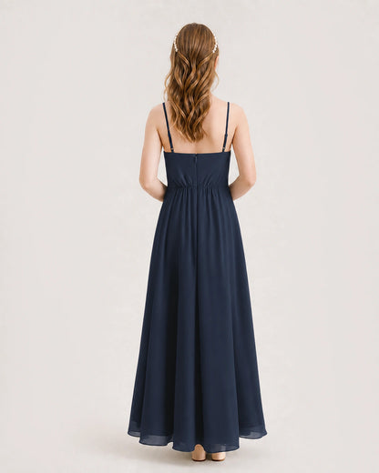Navy Blue Junior Bridesmaid Dress Ruched Bodice High-Low Asymmetrical Chiffon A-Line Gown Back Full View