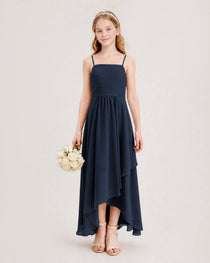 Navy Blue Junior Bridesmaid Dress Ruched Bodice High-Low Asymmetrical Chiffon A-Line Gown Front Full View