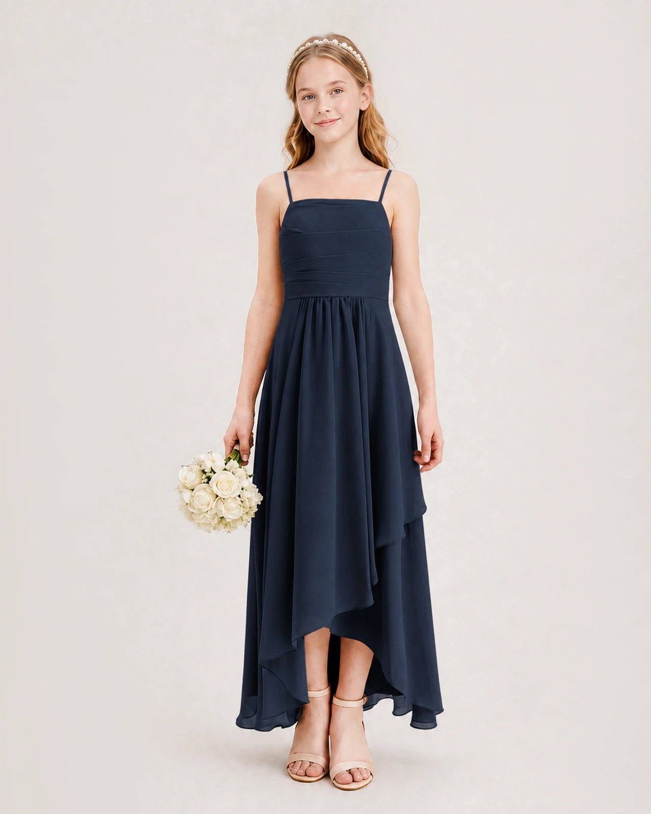 Navy Blue Junior Bridesmaid Dress Ruched Bodice High-Low Asymmetrical Chiffon A-Line Gown Front Full View