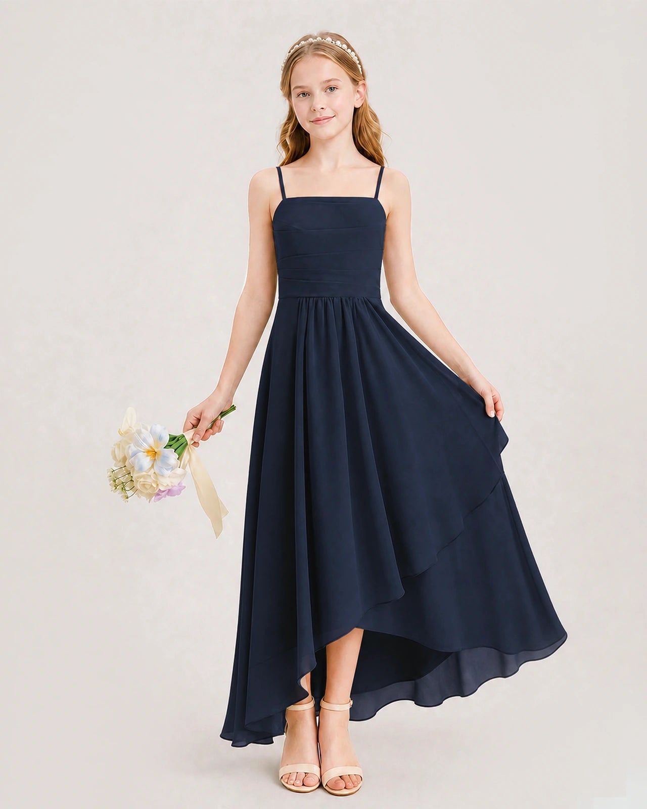 Navy Blue Junior Bridesmaid Dress Ruched Bodice High-Low Asymmetrical Chiffon A-Line Gown Front Full View