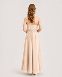 Peach Junior Bridesmaid Dress Ruched Bodice High-Low Asymmetrical Chiffon A-Line Gown Back Full View