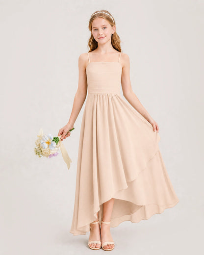 Peach Junior Bridesmaid Dress Ruched Bodice High-Low Asymmetrical Chiffon A-Line Gown Front Full View