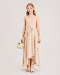 Peach Junior Bridesmaid Dress Ruched Bodice High-Low Asymmetrical Chiffon A-Line Gown Front Full View
