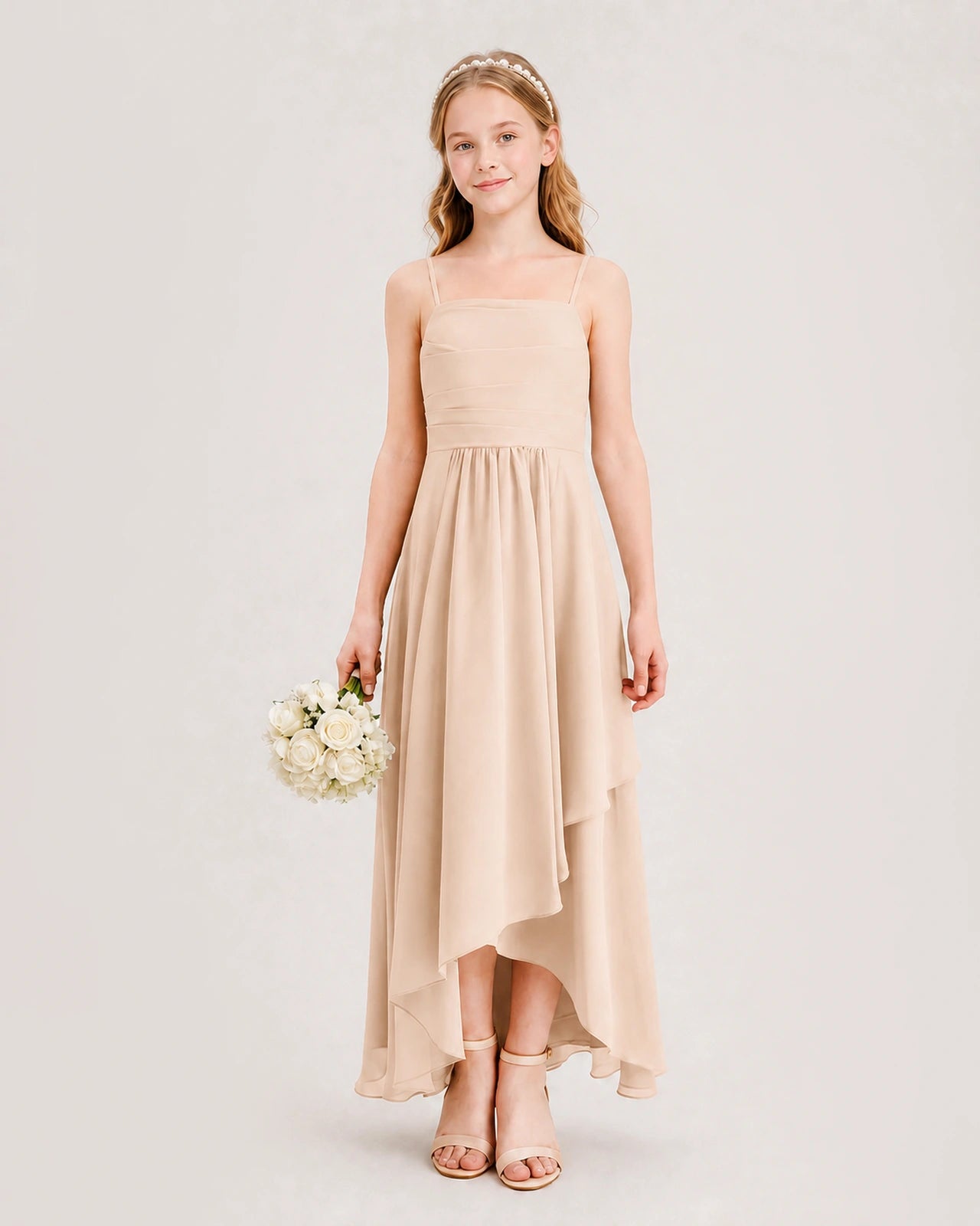 Peach Junior Bridesmaid Dress Ruched Bodice High-Low Asymmetrical Chiffon A-Line Gown Front Full View