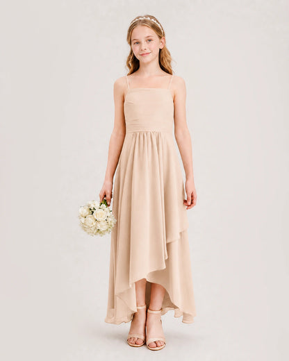 Peach Junior Bridesmaid Dress Ruched Bodice High-Low Asymmetrical Chiffon A-Line Gown Front Full View